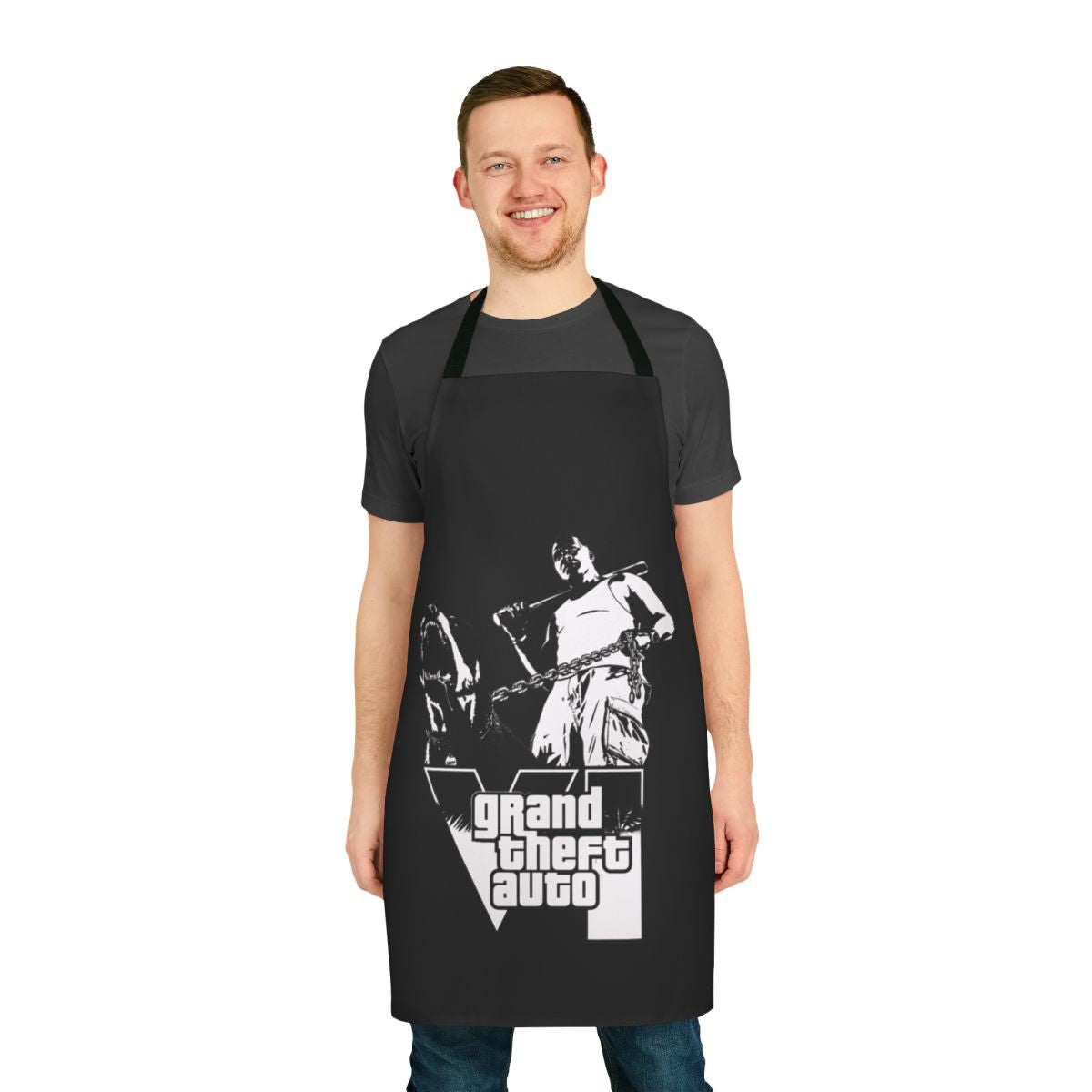 Customizable gaming apron featuring a stylized Grand Theft Auto-inspired design