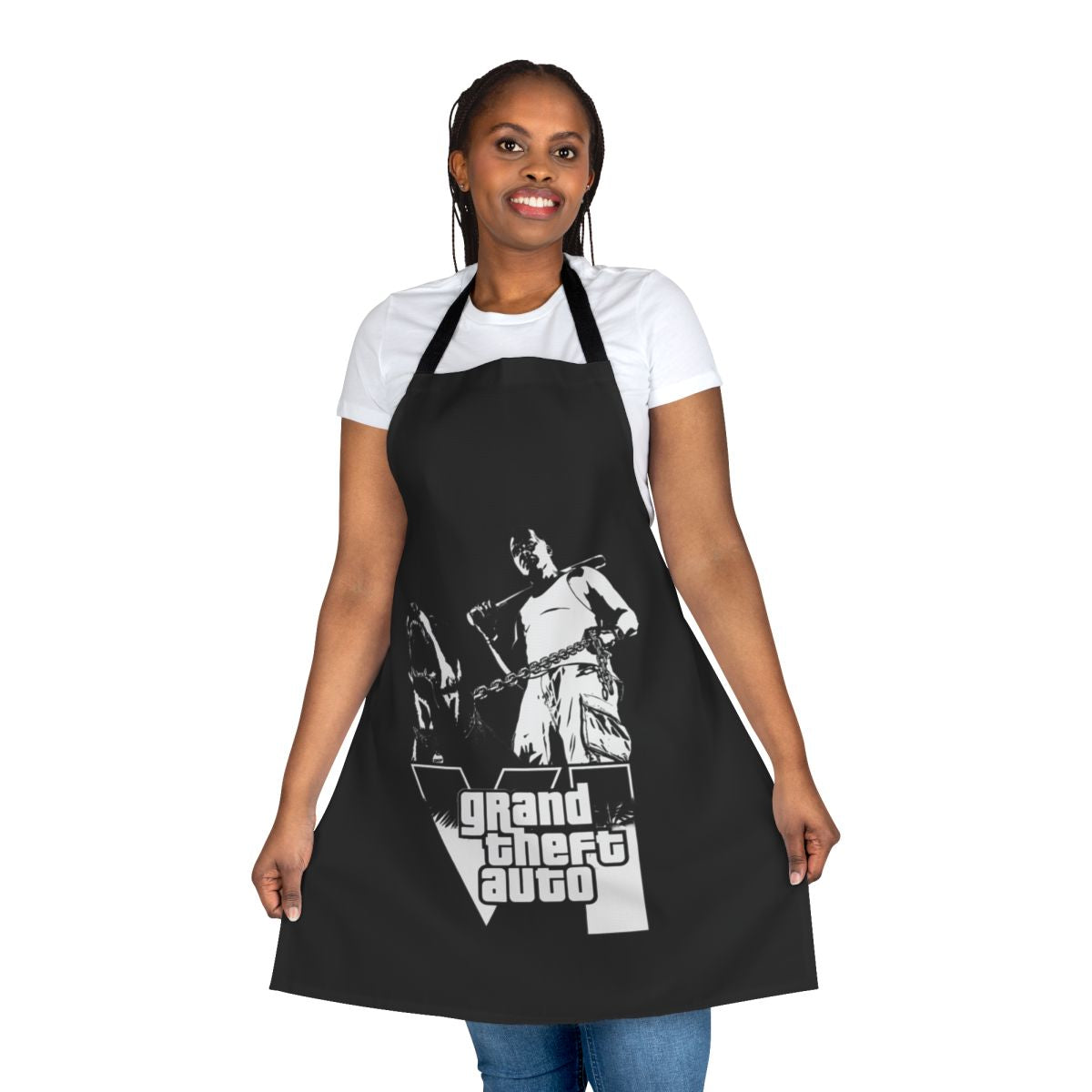 Customizable gaming apron featuring a stylized Grand Theft Auto-inspired design
