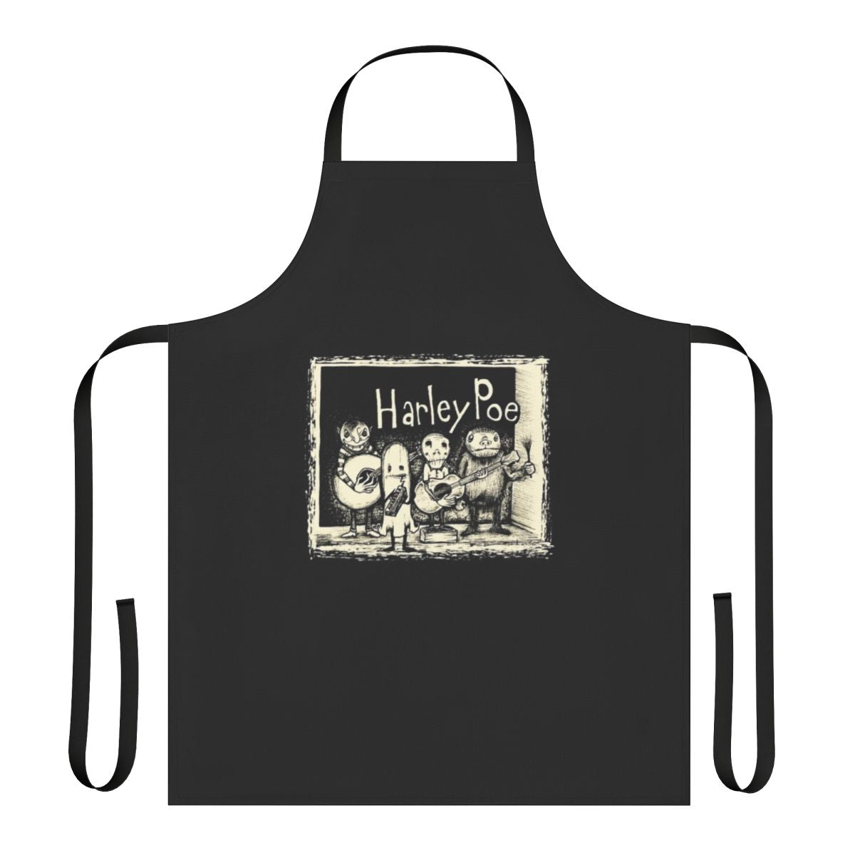 Retro-inspired apron featuring the Harley Poe band logo and name