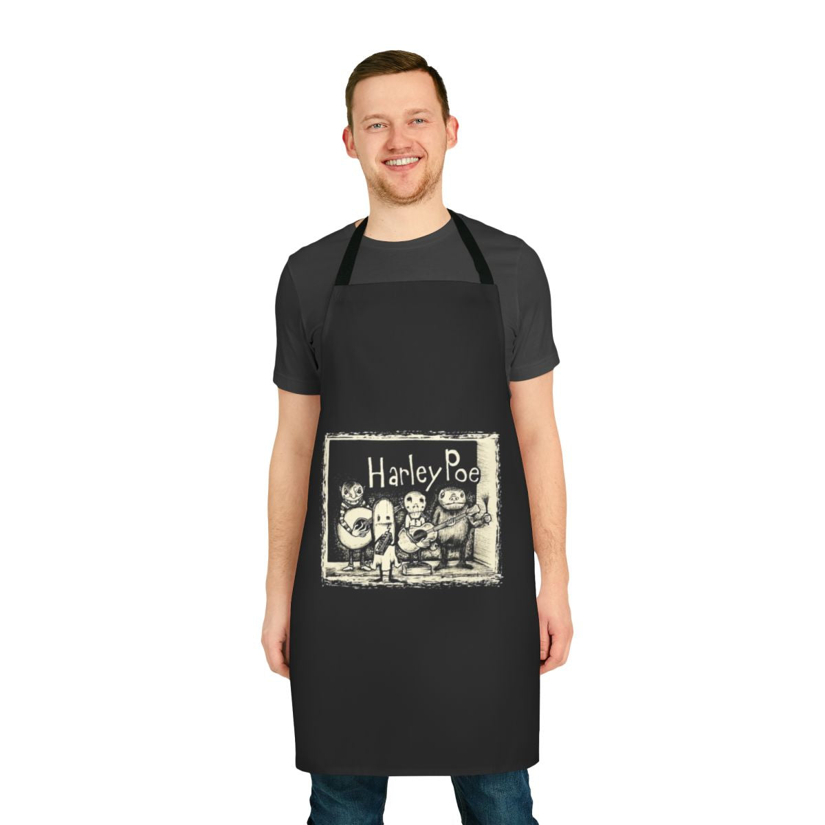 Retro-inspired apron featuring the Harley Poe band logo and name