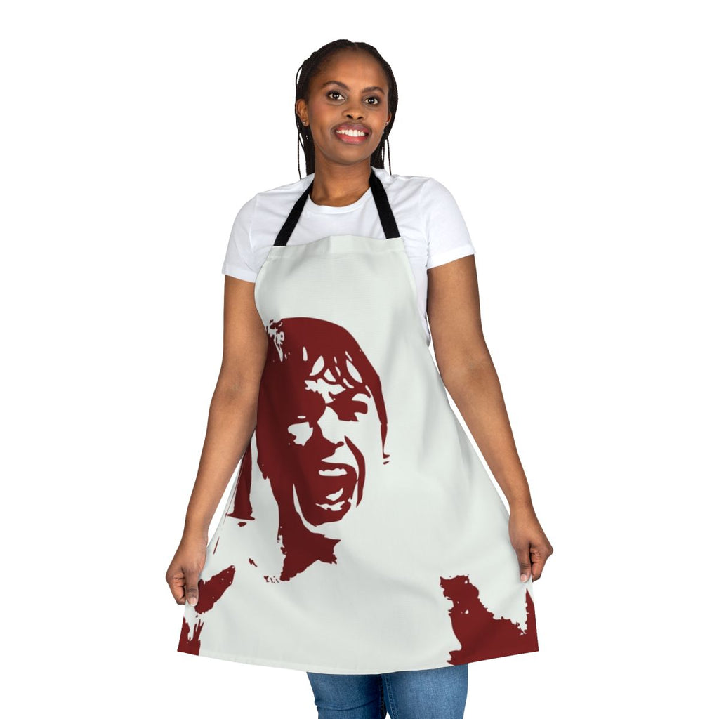 A stylish and unique retro-inspired apron featuring a Hitchcock-inspired design.