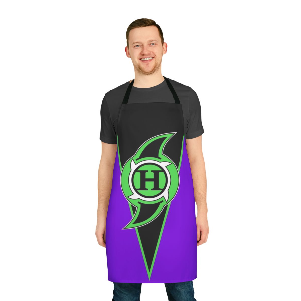 Vibrant purple apron featuring a Hurricane-themed design, perfect for wrestling fans and cosplayers.