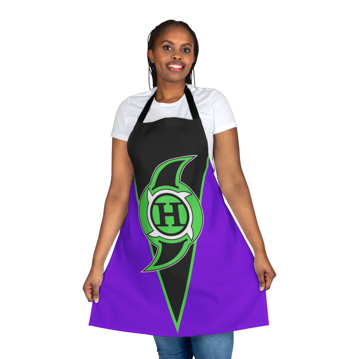 Vibrant purple apron featuring a Hurricane-themed design, perfect for wrestling fans and cosplayers.