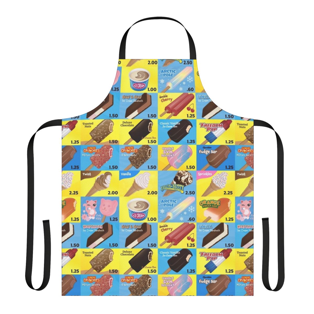 Colorful, vintage-style apron featuring an ice cream truck menu design