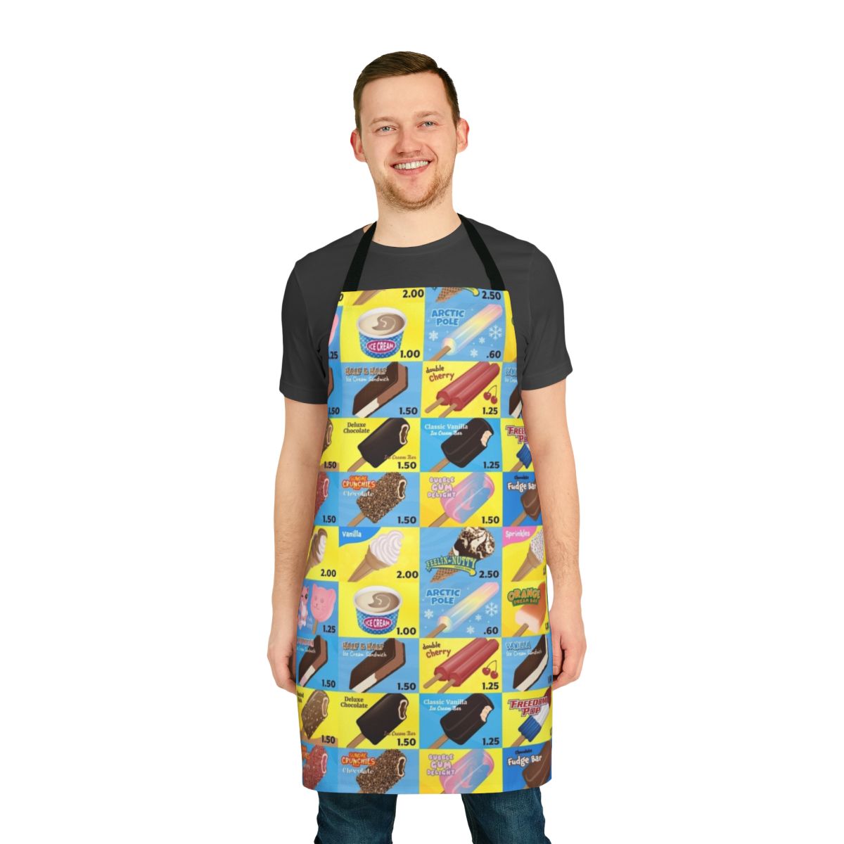 Colorful, vintage-style apron featuring an ice cream truck menu design