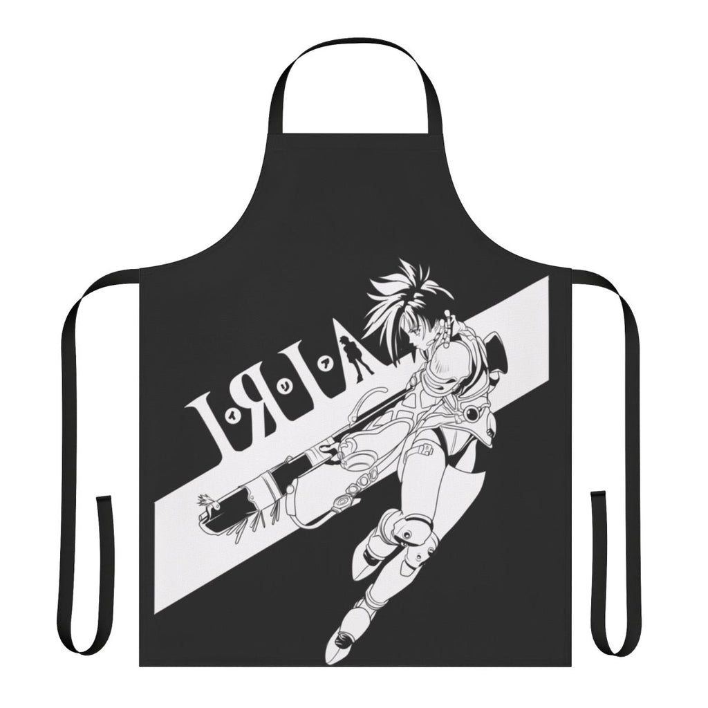 Vintage-style Iria-themed apron with mecha and sci-fi elements