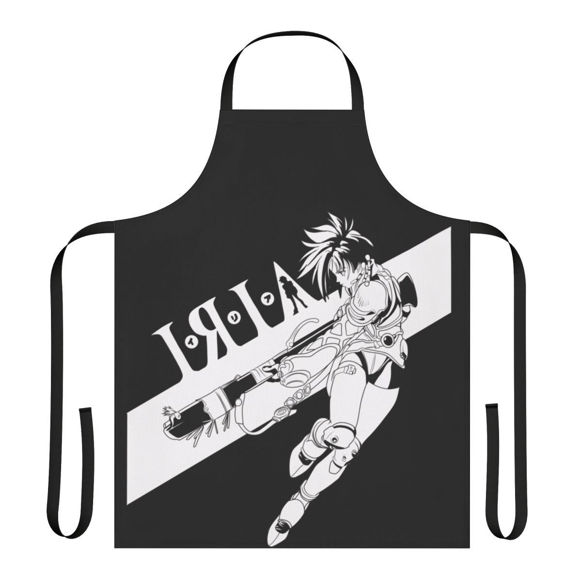 Vintage-style Iria-themed apron with mecha and sci-fi elements