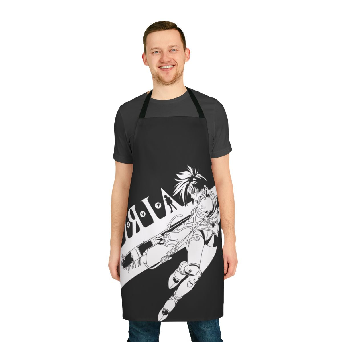 Vintage-style Iria-themed apron with mecha and sci-fi elements