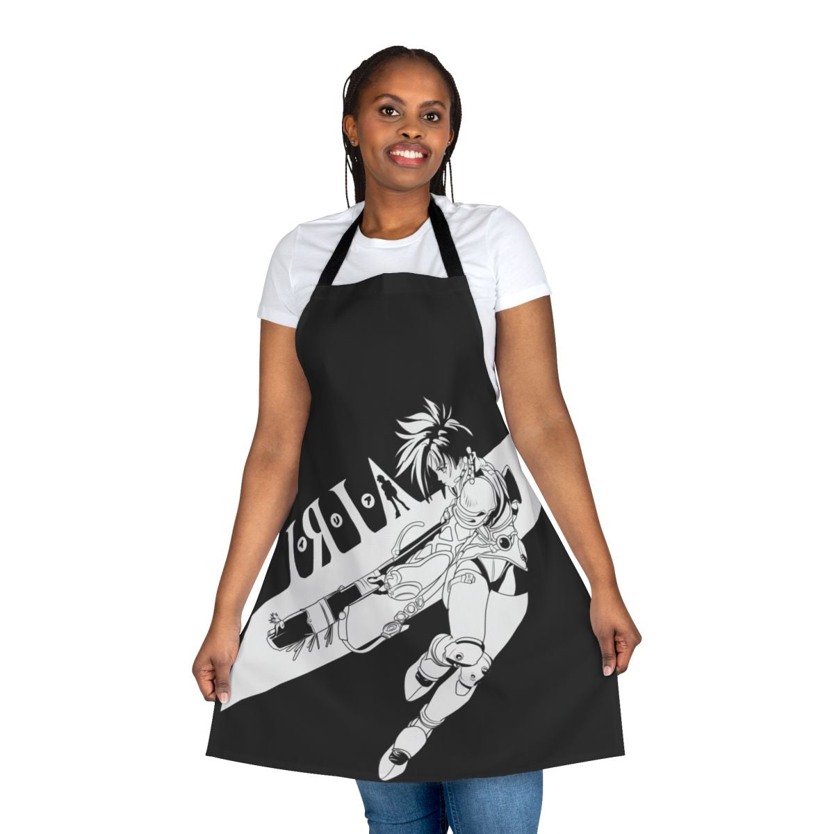 Vintage-style Iria-themed apron with mecha and sci-fi elements
