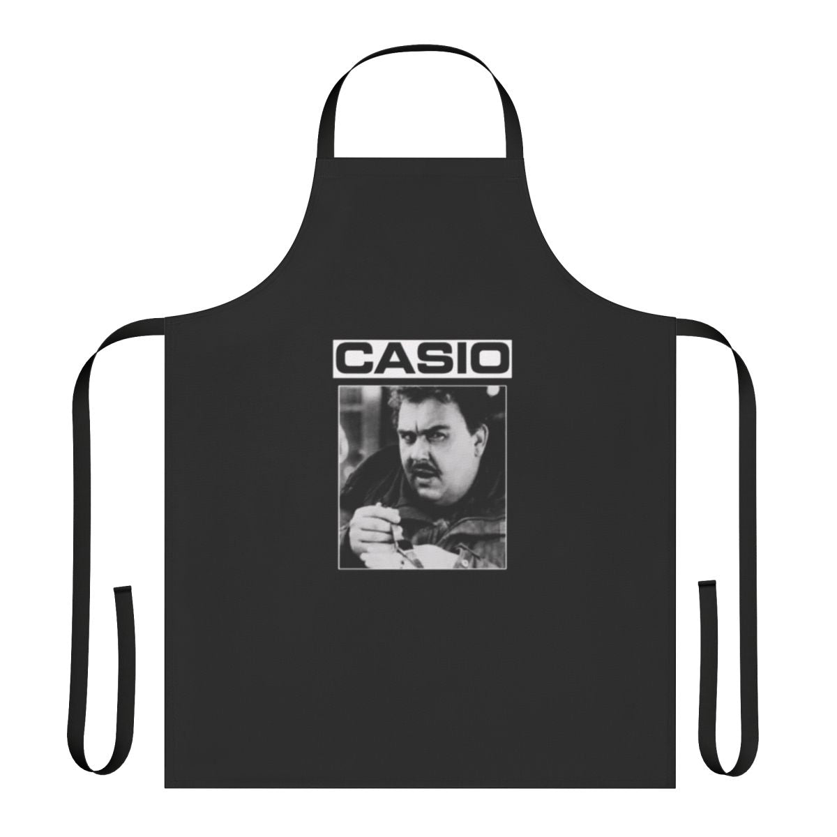 Retro-inspired apron featuring the likeness of actor John Candy and a Casio logo, a nod to the 1980s
