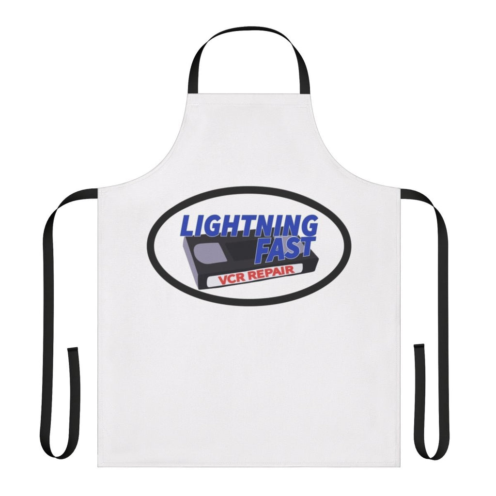 Retro-inspired apron featuring the "Lightning Fast VCR Repair" logo from Red Letter Media