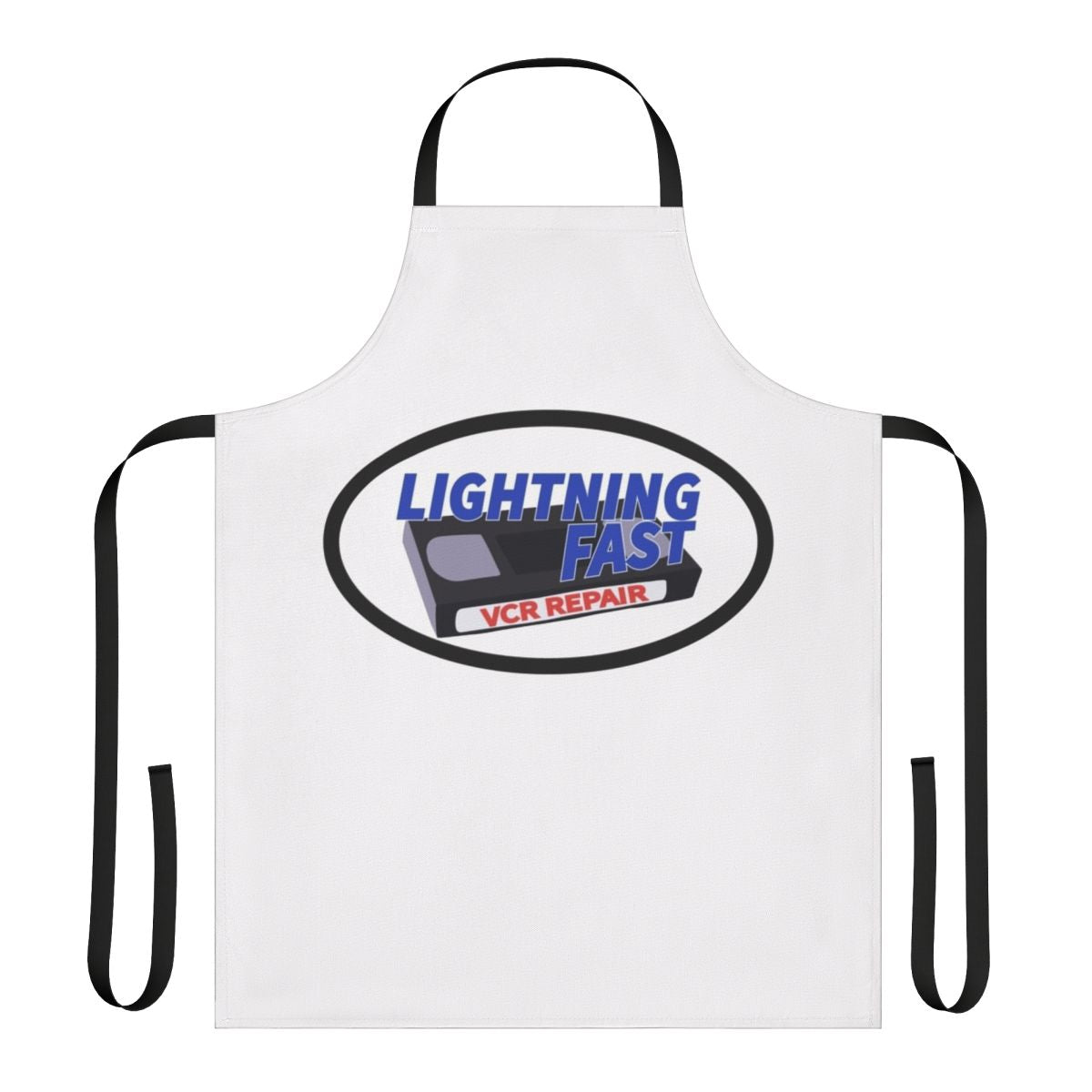 Retro-inspired apron featuring the "Lightning Fast VCR Repair" logo from Red Letter Media