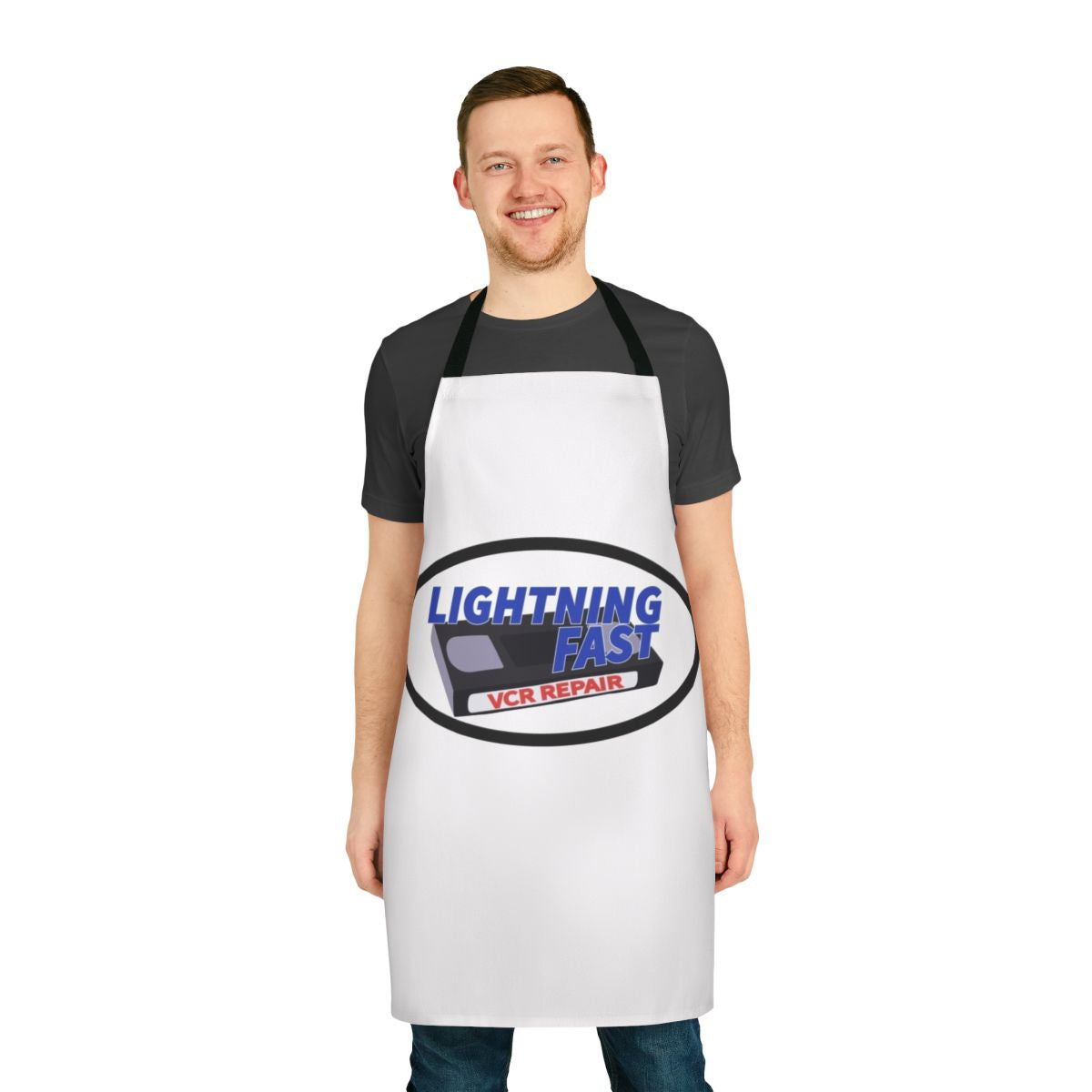 Retro-inspired apron featuring the "Lightning Fast VCR Repair" logo from Red Letter Media