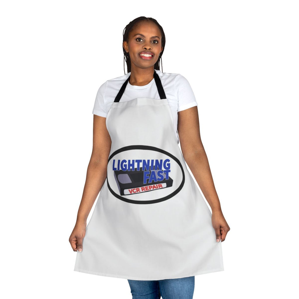 Retro-inspired apron featuring the "Lightning Fast VCR Repair" logo from Red Letter Media