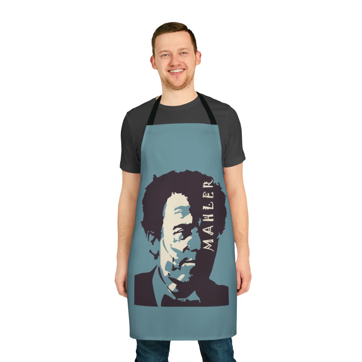 Vintage-style blue apron featuring the name and image of classical music composer Gustav Mahler