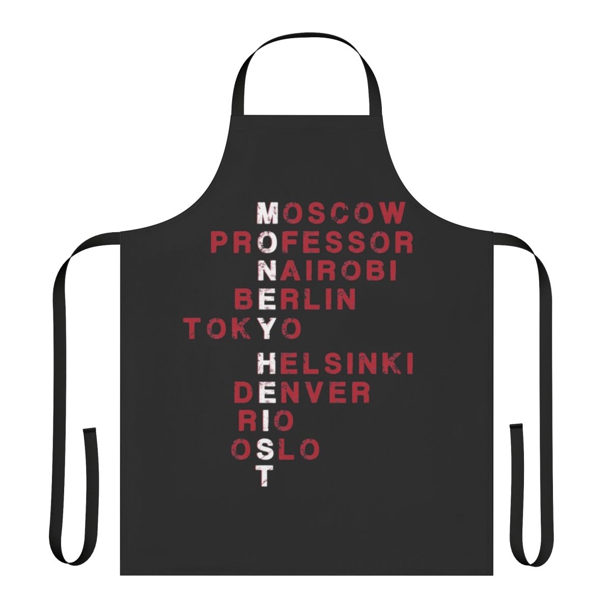 Retro-inspired money heist apron featuring the popular Netflix series "La Casa de Papel"