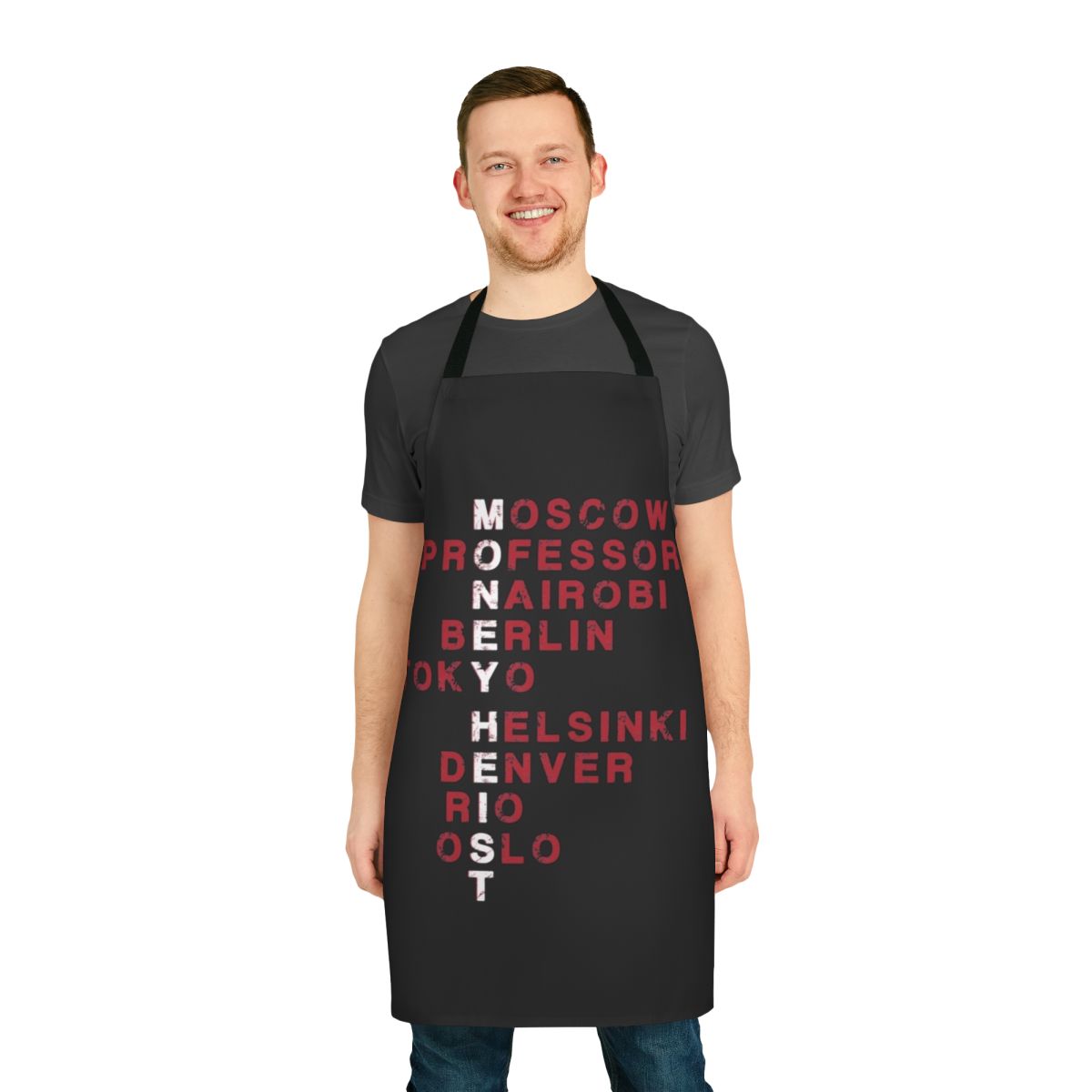 Retro-inspired money heist apron featuring the popular Netflix series "La Casa de Papel"
