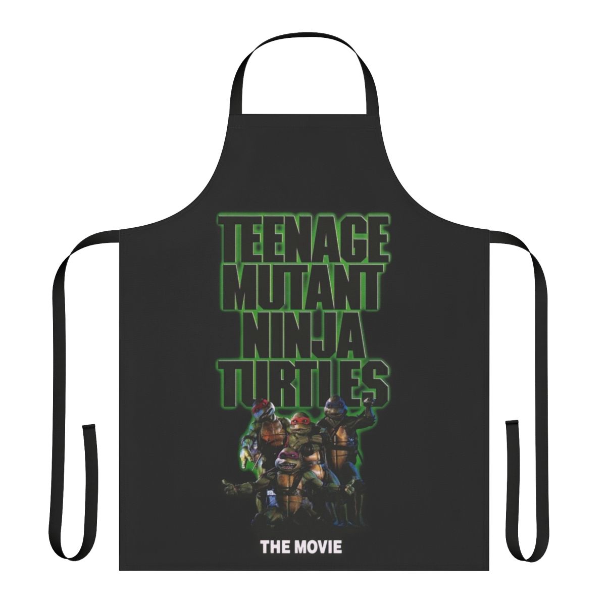 Retro-inspired green apron featuring the iconic Ninja Turtles characters from the 1990s movie