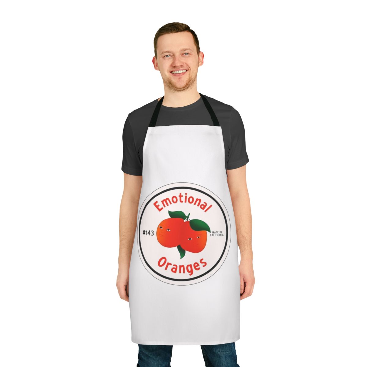 Stylish orange apron with "Emotional Oranges" band logo