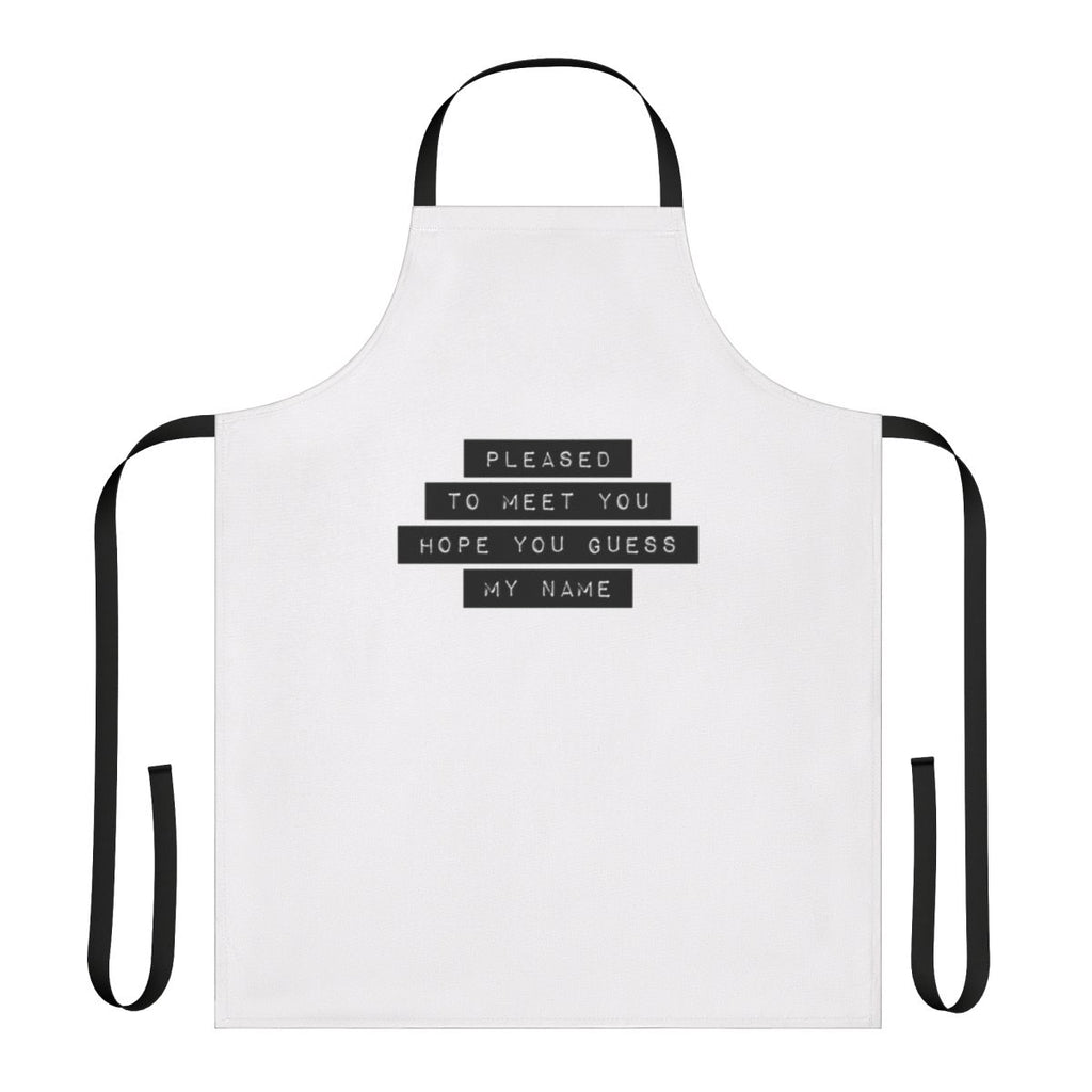 Stylish "Pleased to Meet You" kitchen apron with vintage-inspired typography and design