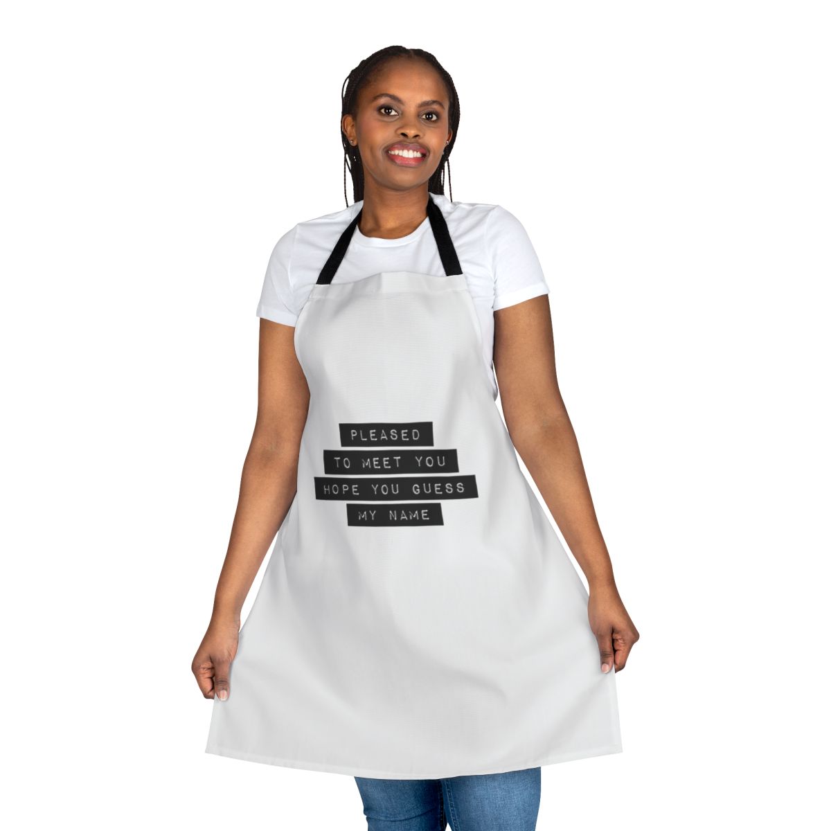 Stylish "Pleased to Meet You" kitchen apron with vintage-inspired typography and design