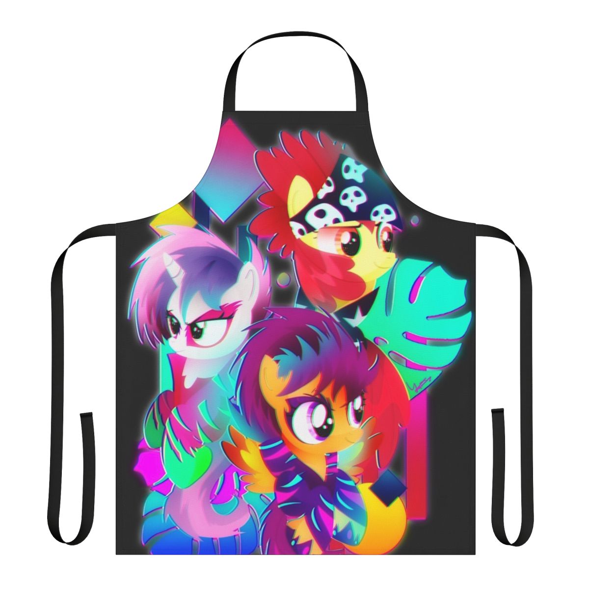 Synthwave Cutie Mark Crusaders-inspired apron with 80s neon colors and retro design