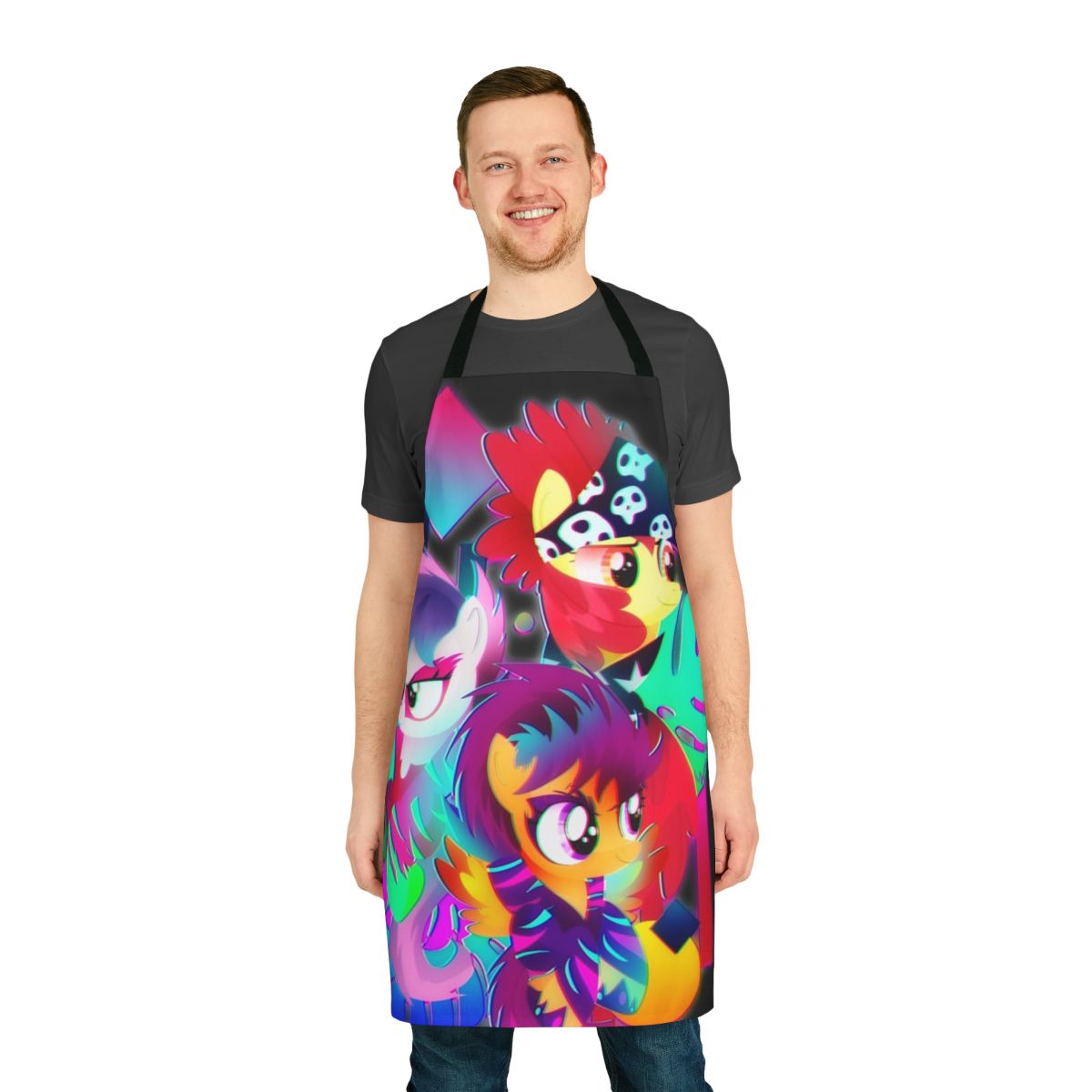 Synthwave Cutie Mark Crusaders-inspired apron with 80s neon colors and retro design