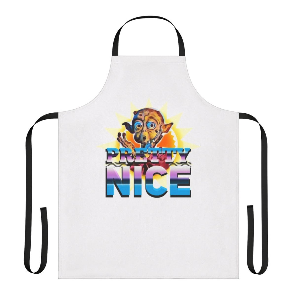 Retro-inspired "Pretty Nice" apron with alien, hero, and dance designs