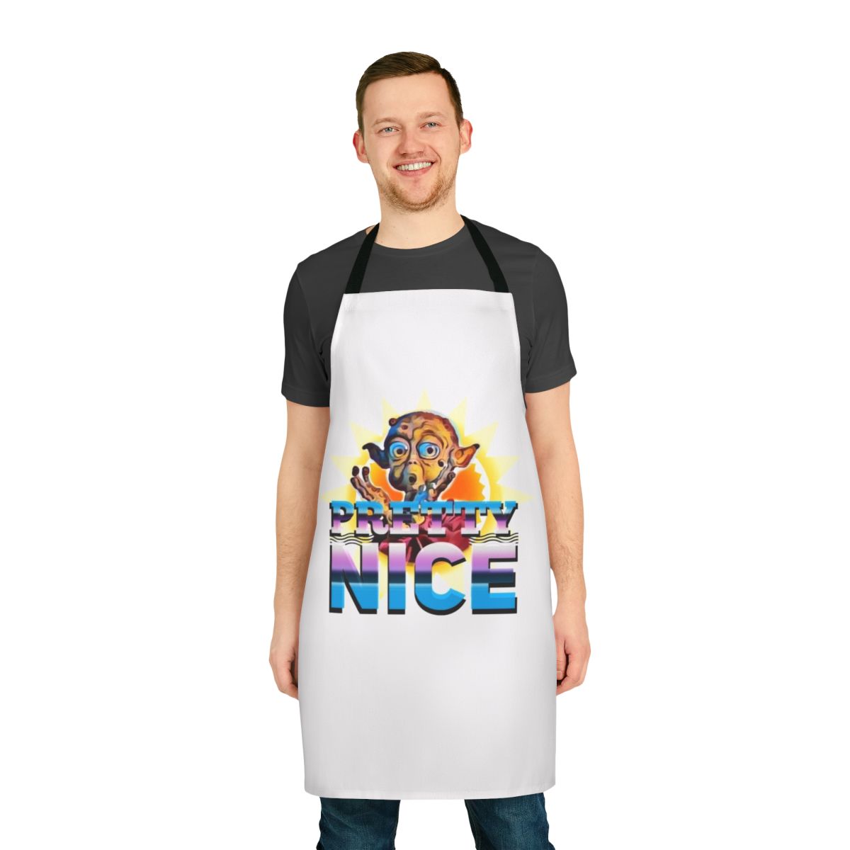 Retro-inspired "Pretty Nice" apron with alien, hero, and dance designs