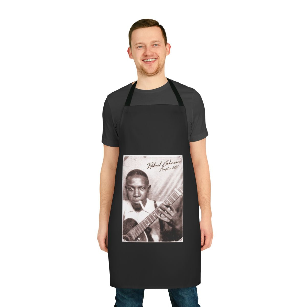 Retro-inspired apron with Robert Johnson blues guitar artwork