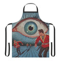 Stylish sci-fi apron featuring mechanical arm, slotted eyes, and metallic teeth, inspired by the works of Philip K. Dick.