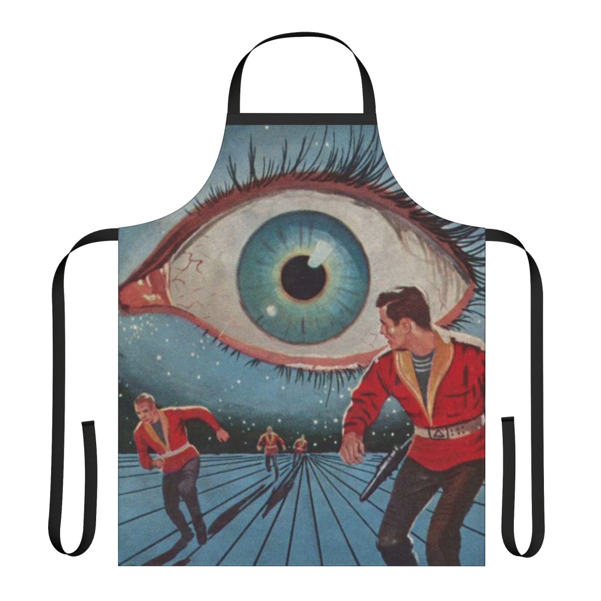Stylish sci-fi apron featuring mechanical arm, slotted eyes, and metallic teeth, inspired by the works of Philip K. Dick.