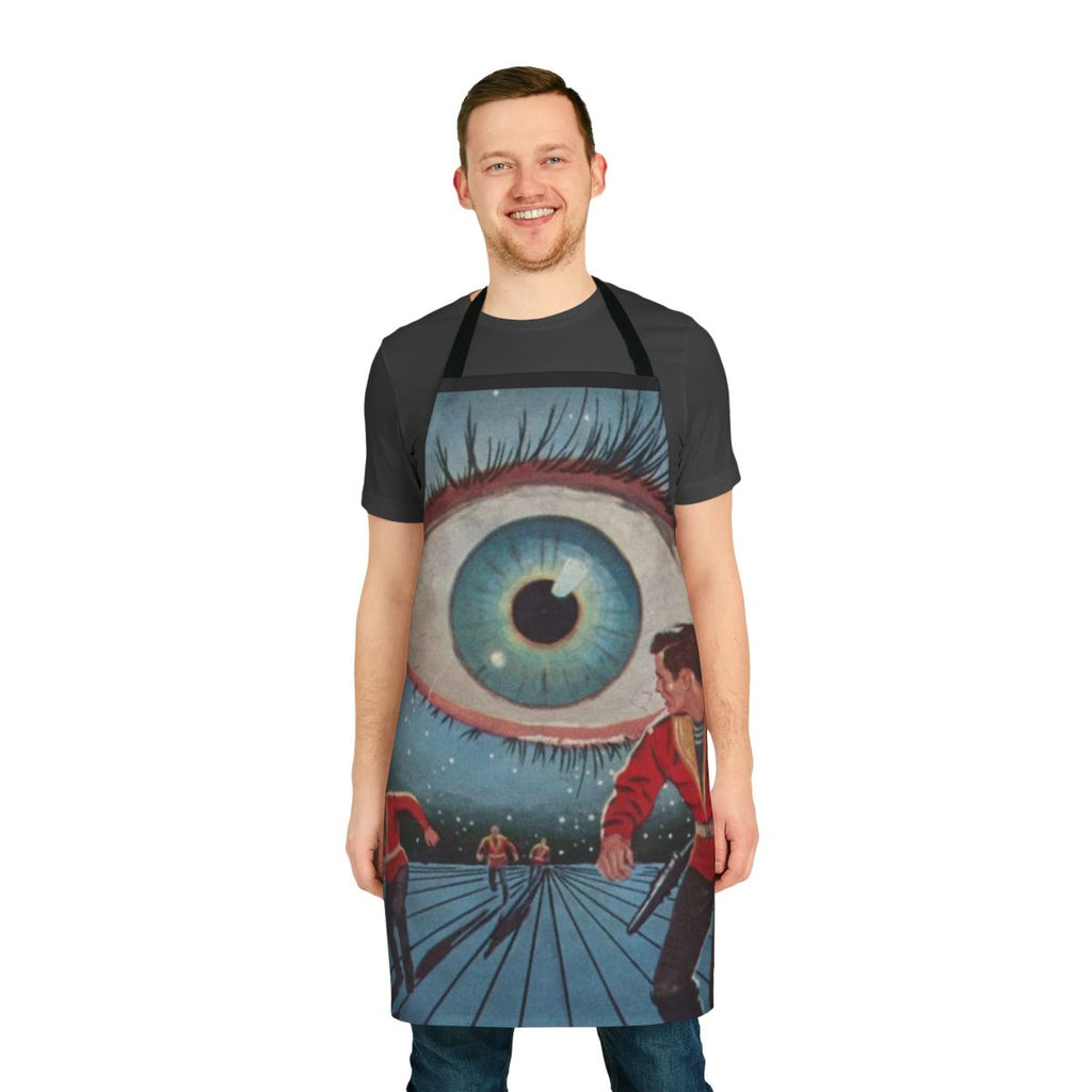 Stylish sci-fi apron featuring mechanical arm, slotted eyes, and metallic teeth, inspired by the works of Philip K. Dick.