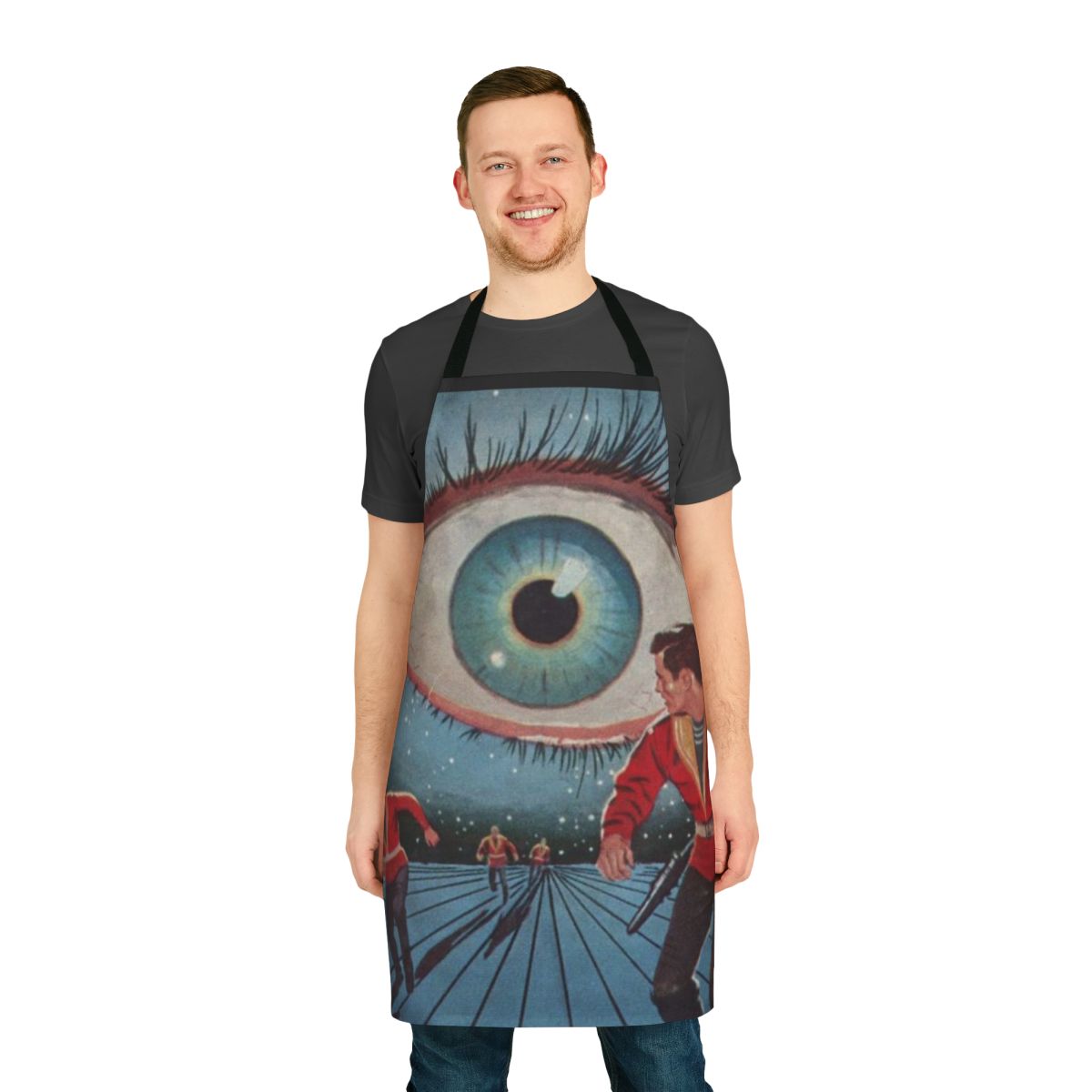 Stylish sci-fi apron featuring mechanical arm, slotted eyes, and metallic teeth, inspired by the works of Philip K. Dick.