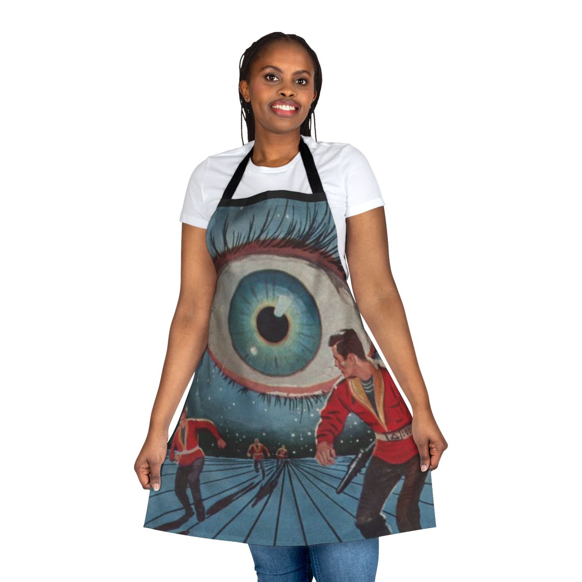 Stylish sci-fi apron featuring mechanical arm, slotted eyes, and metallic teeth, inspired by the works of Philip K. Dick.
