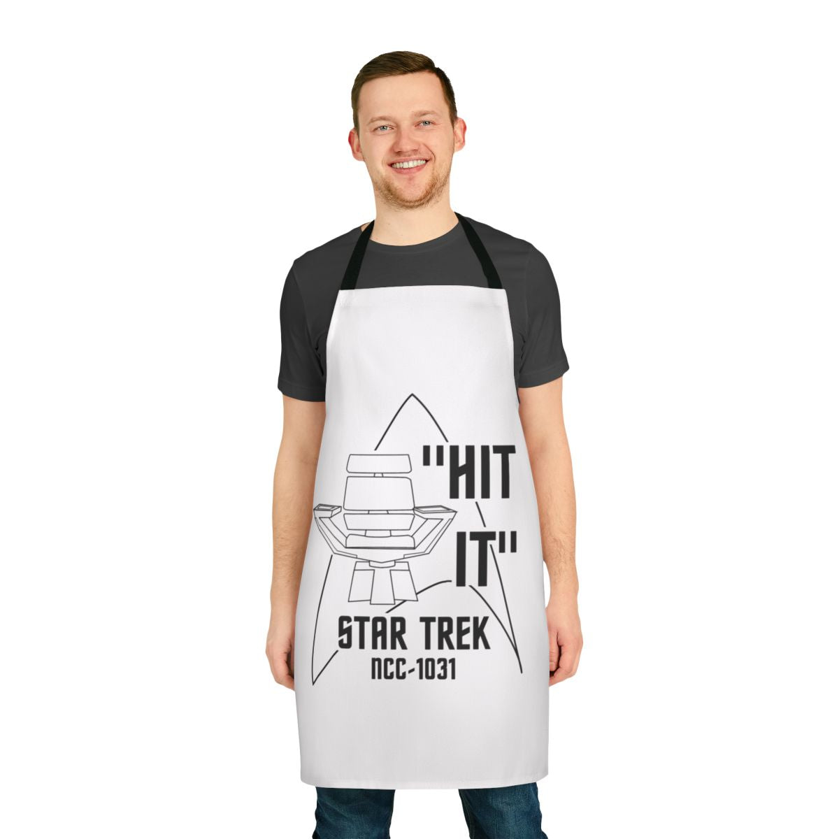 Retro-inspired Star Trek Discovery Captain Pike character design printed on a high-quality kitchen apron