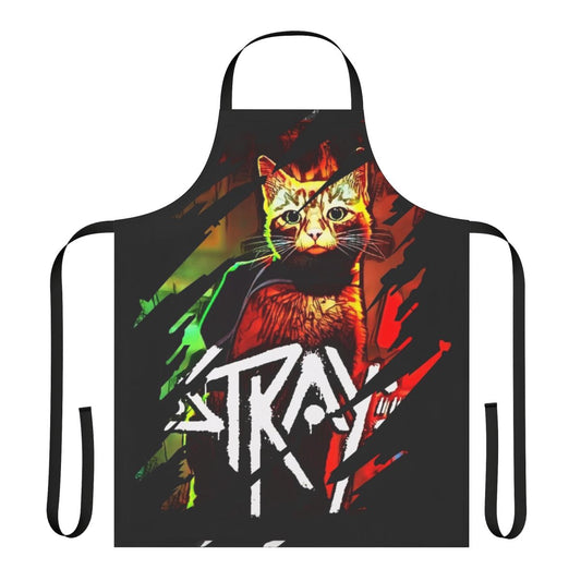 Stray game inspired apron with a retro gaming style logo and cat design