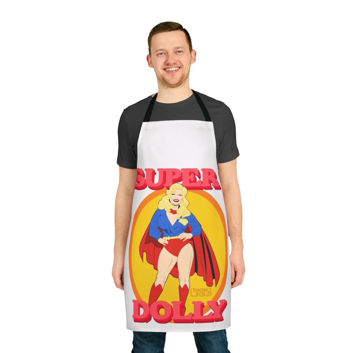 A vintage-style apron with a superhero design, perfect for the modern pinup enthusiast.