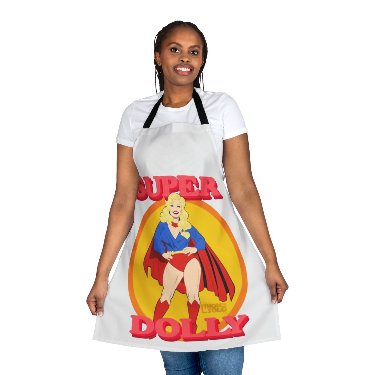 A vintage-style apron with a superhero design, perfect for the modern pinup enthusiast.