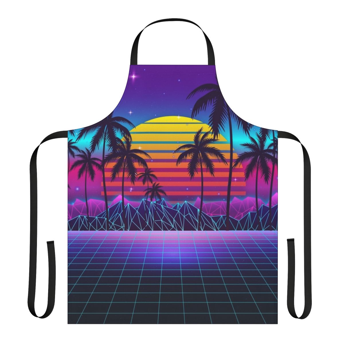 Retro-inspired synthwave apron with a vibrant sunset design