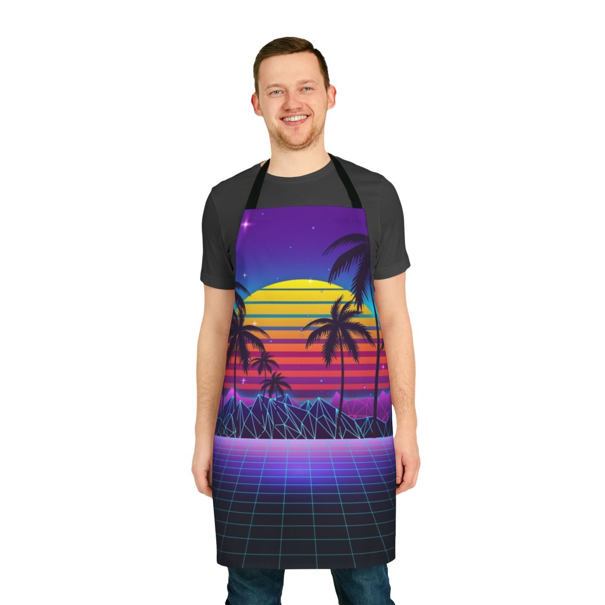 Retro-inspired synthwave apron with a vibrant sunset design