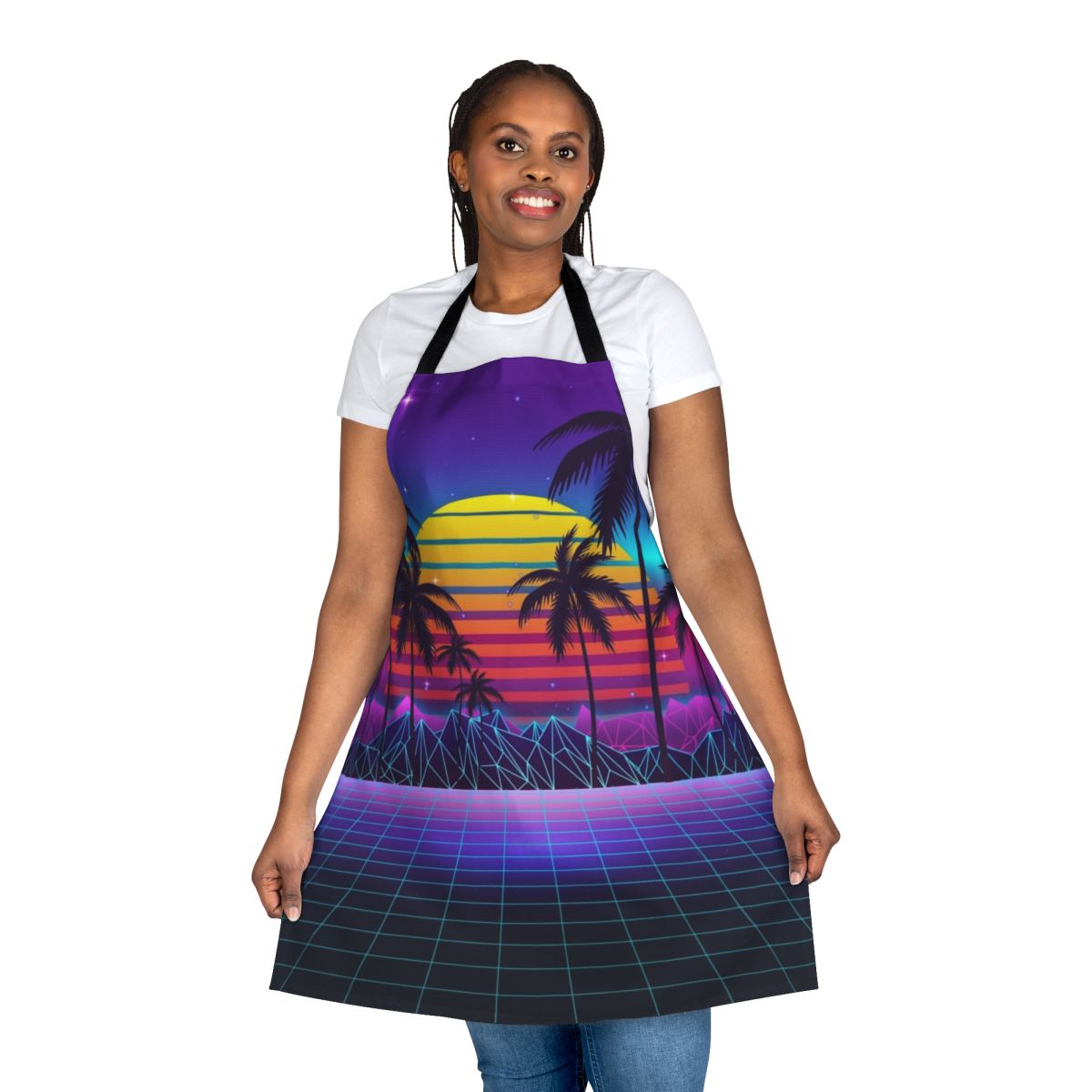 Retro-inspired synthwave apron with a vibrant sunset design