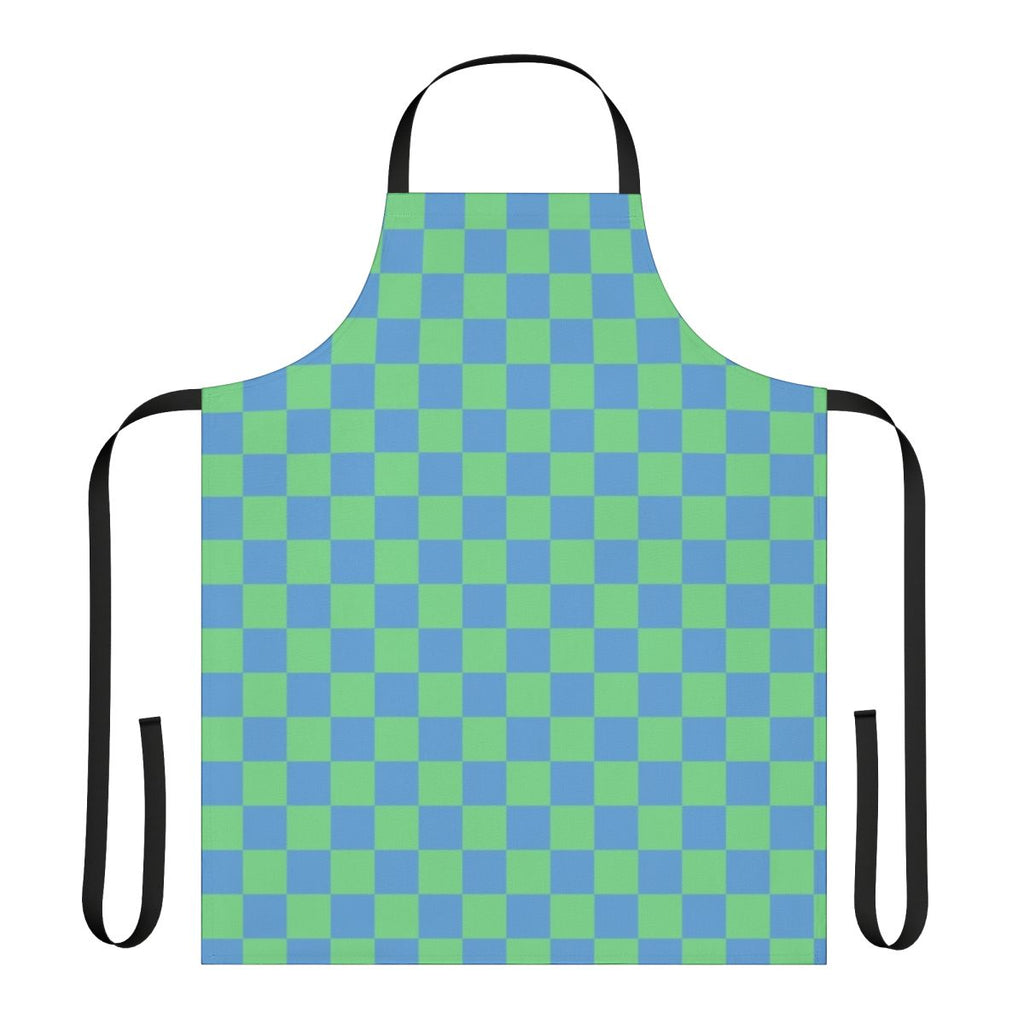 Teal and blue checkerboard apron with Earthbound gaming design