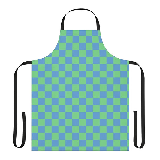 Teal and blue checkerboard apron with Earthbound gaming design