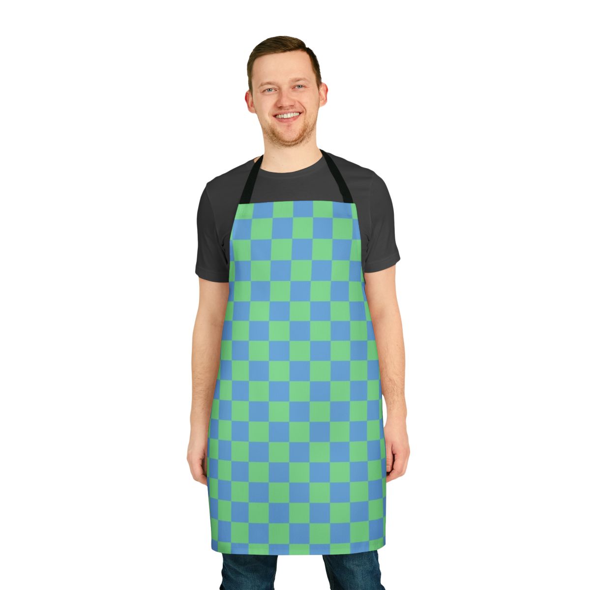 Teal and blue checkerboard apron with Earthbound gaming design