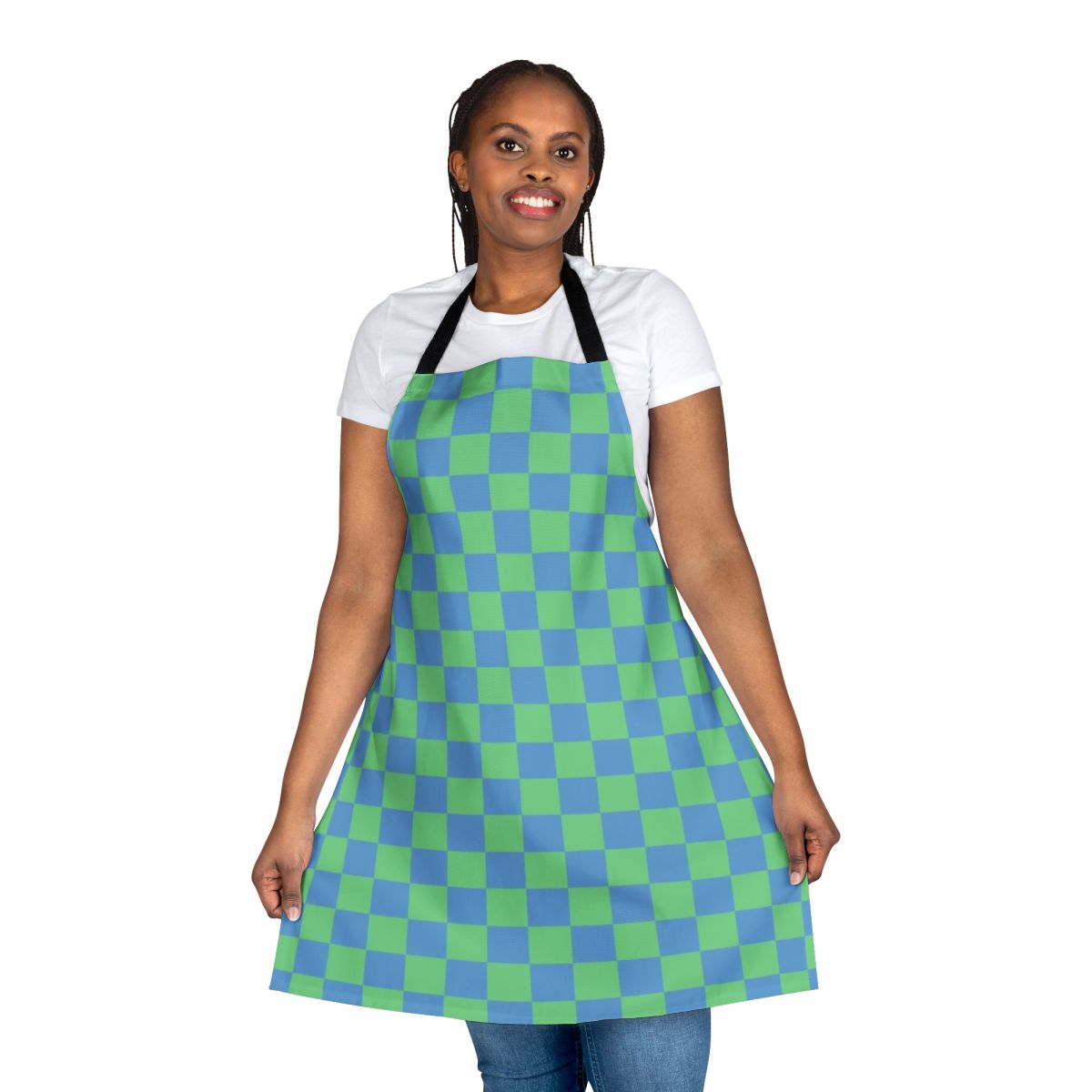 Teal and blue checkerboard apron with Earthbound gaming design