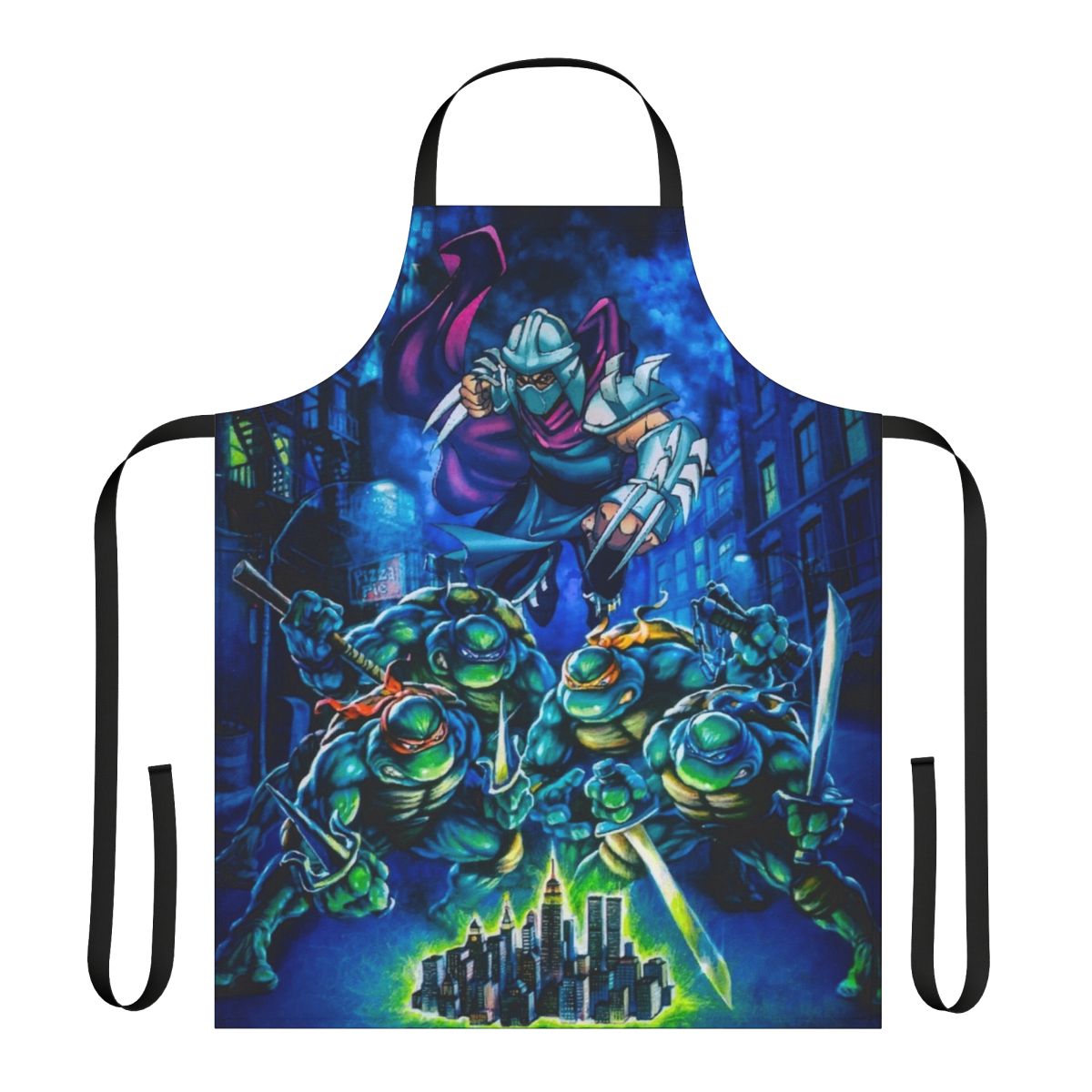 Ninja Turtles-themed apron featuring classic video game-inspired art and design