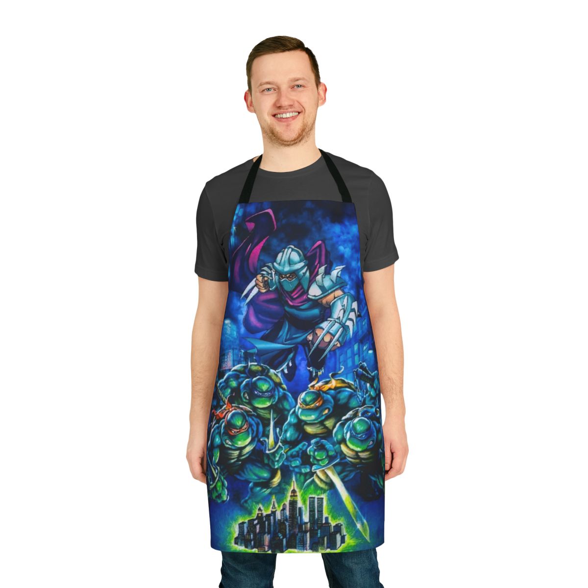 Ninja Turtles-themed apron featuring classic video game-inspired art and design