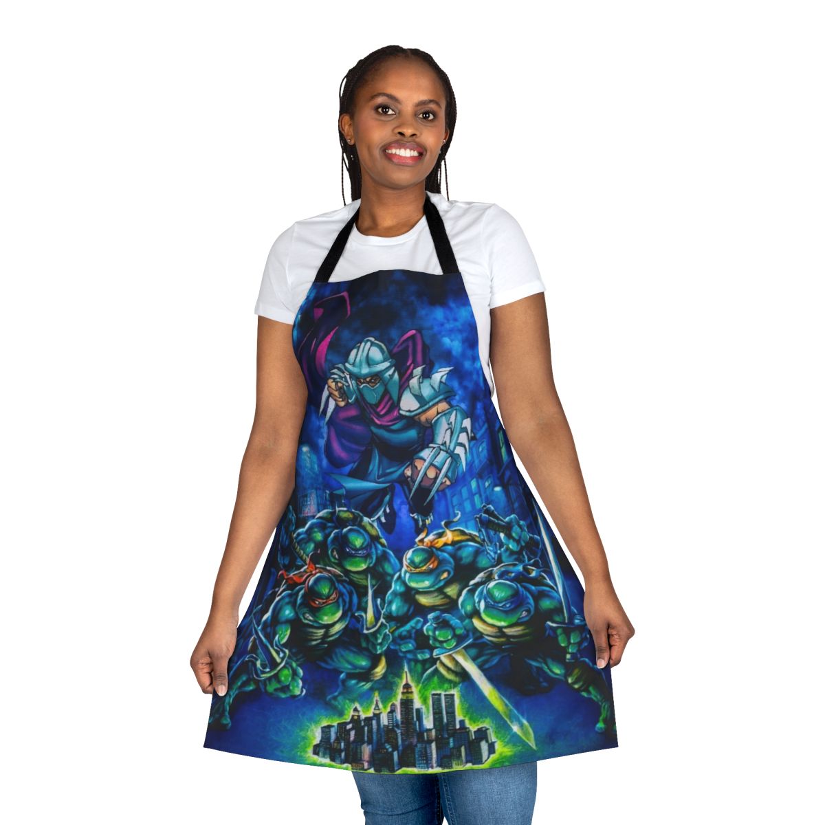 Ninja Turtles-themed apron featuring classic video game-inspired art and design