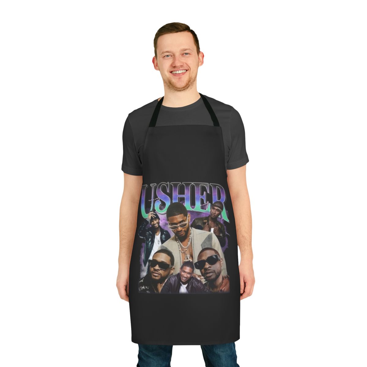 Retro-inspired apron featuring Usher, the popular R&B singer and songwriter